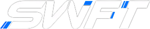 White stylized text logo reading "SWFT" with blue and yellow accent lines on a black background.