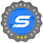 Circular badge logo with a bold white "S" on a blue background in the center, surrounded by the words "Architectural Services" and three yellow stars at the bottom.