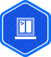 Blue hexagon icon featuring a white graphic of a sliding window with a ledge, symbolizing window or glass installation services.
