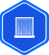 Blue hexagon icon featuring a white graphic of a window with vertical blinds, representing window treatment or blinds installation services.