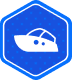 Blue hexagon icon with a white motorboat silhouette in the center.