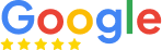 Google Reviews logo with five gold stars beneath the word Google, indicating a perfect five-star rating.