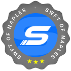 Circular badge with a blue center featuring a white stylized "S" and diagonal slashes, surrounded by a black ring reading "SWFT of Naples" with three yellow stars at the bottom.