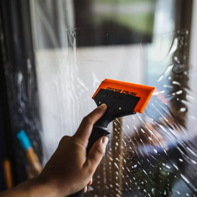 Close-up of a hand using an Orange Crush Fusion squeegee to smooth out water and bubbles while applying film to a glass window.