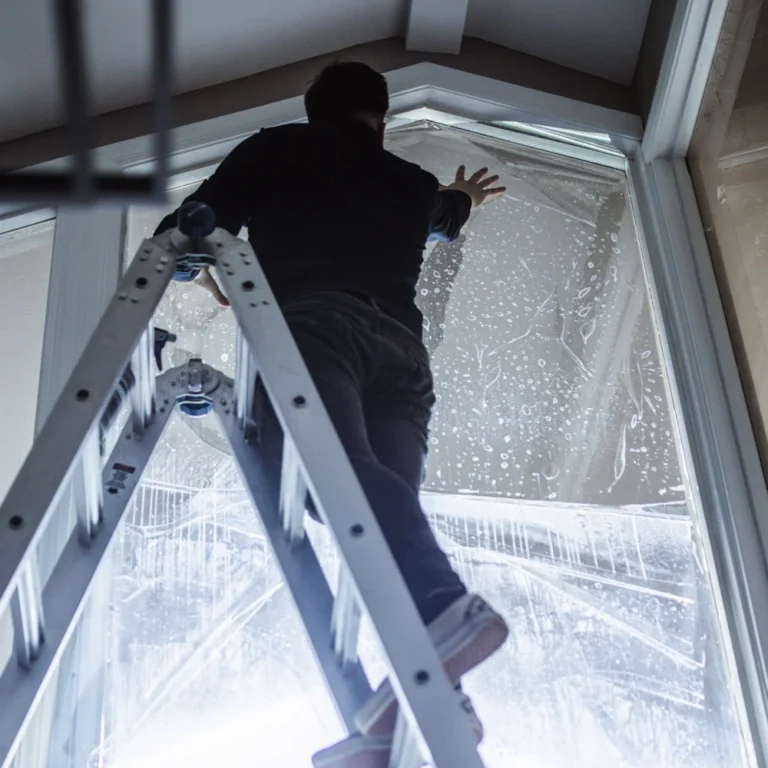 Person standing on a ladder applying window film to a tall triangular window indoors, with water and air bubbles visible under the film.