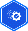 Blue hexagon icon with two white gear symbols, one featuring a check mark, representing quality assurance or service optimization.