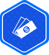 Blue hexagon icon with a white graphic of three stacked dollar bills, symbolizing payment or financial transactions.