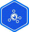 Blue hexagon icon with a central globe connected to four surrounding nodes, symbolizing network or global connectivity.