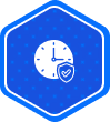 Blue hexagon icon featuring a clock face with a small shield and checkmark, representing reliable and timely protection.