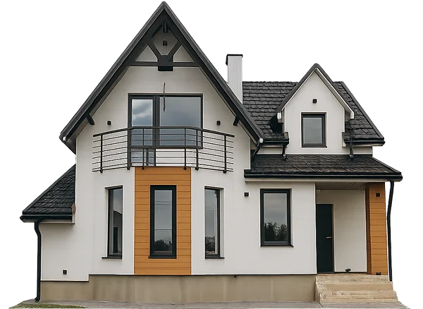 Modern two-story house with a gabled roof, white exterior, black-framed windows, and wood accent panels around the entry and central window, featuring a small balcony above the main door.