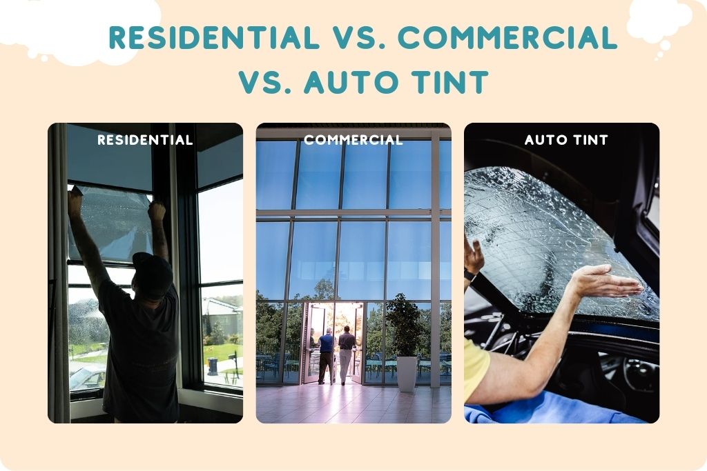 Side-by-side comparison image showing residential tint installation on a home window, commercial tint on large office windows, and auto tint being applied to a car windshield, illustrating the differences between residential vs. commercial vs. auto tint applications.