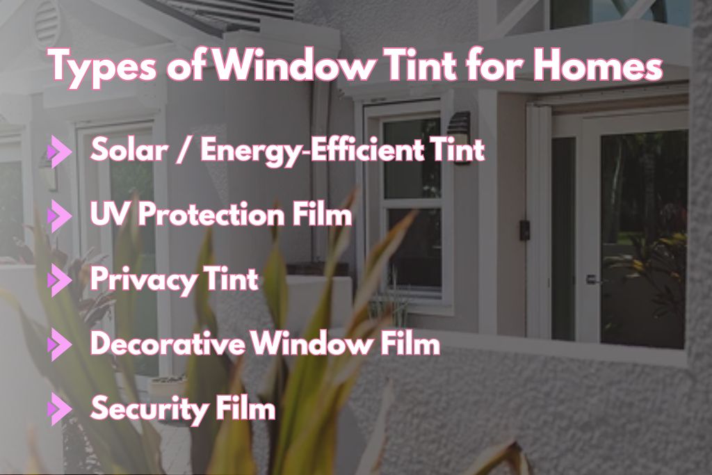 Informational graphic listing five types of window tint for homes—solar tint, UV protection film, privacy tint, decorative film, and security film—over a blurred background of a modern home’s exterior in Fort Myers.