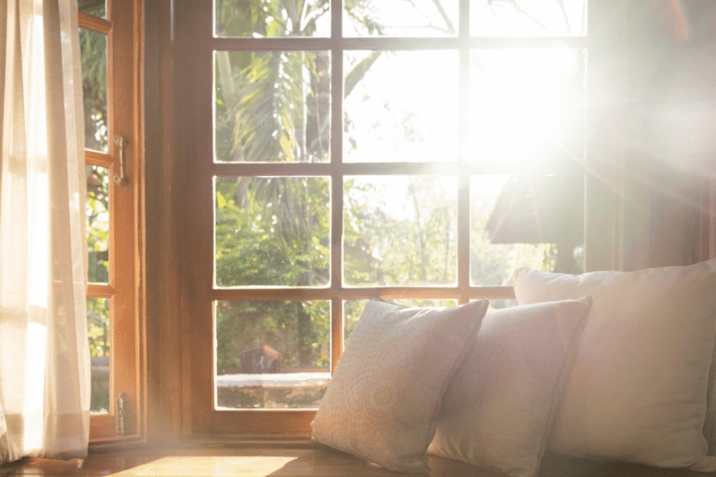 Sunlight pours through a large wooden-framed window onto a cozy bench with throw pillows, illustrating how the benefits of home window tinting include UV protection and reduced heat exposure in bright Fort Myers homes.